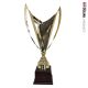 Coppa con design moderno in metallo e manici stilizzati colore oro imponente base in legno alta cm 70 larga cm 40 vista fronte